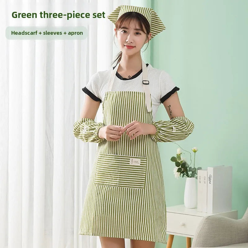 tablier rayé coton lin écharpe tête manches poche avant élastique couleur vert rouge marron