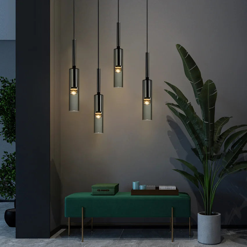 lampe suspendue moderne minimaliste câble noir gris doré verre transparent métal chambre salon étude