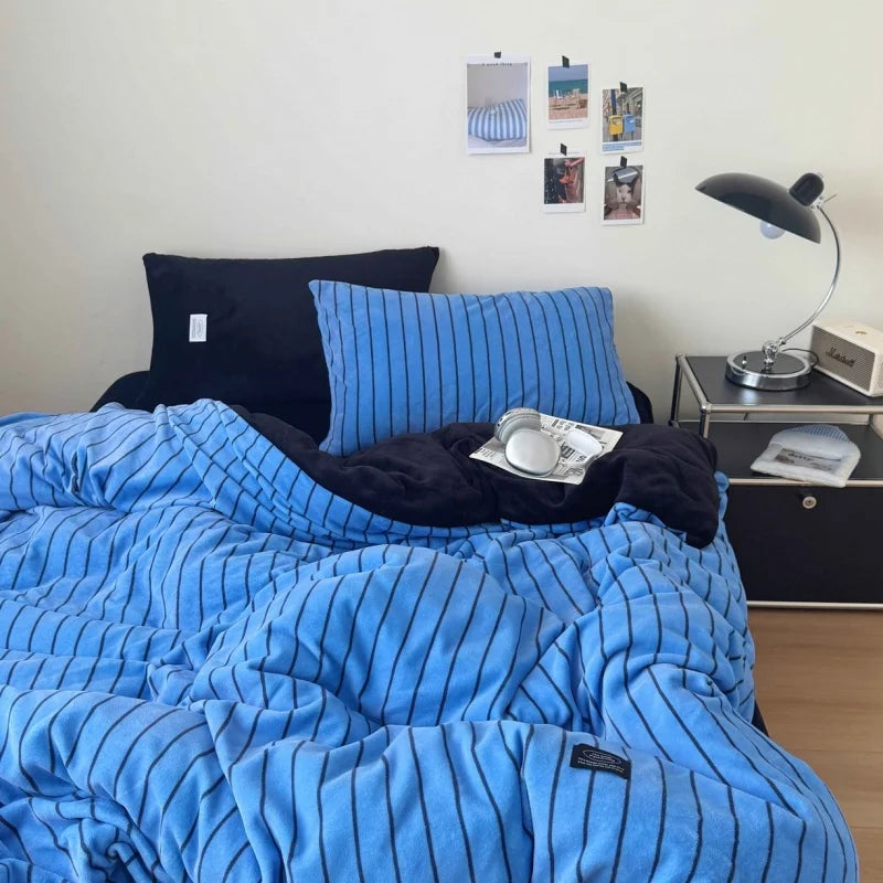 ensemble literie violet noir bleu rayures polaire ultra doux hiver moderne minimaliste