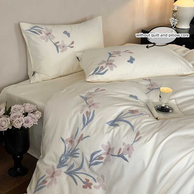 ensemble literie fleurs brodées blanc rose pâle 180x210cm 200x200cm 220x240cm 260x240cm pièces