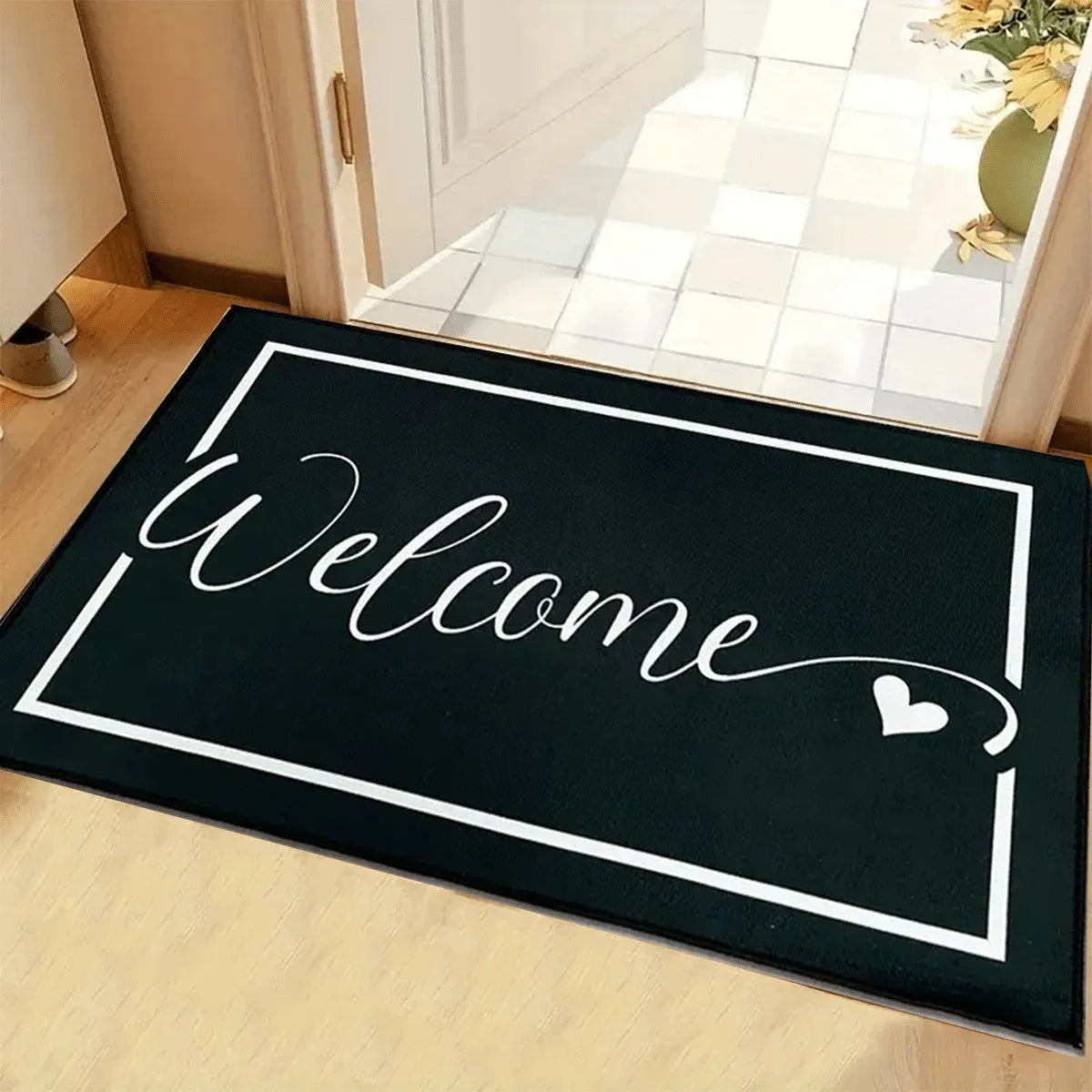 tapis d'entrée vert foncé lettrage welcome sweet classique moderne