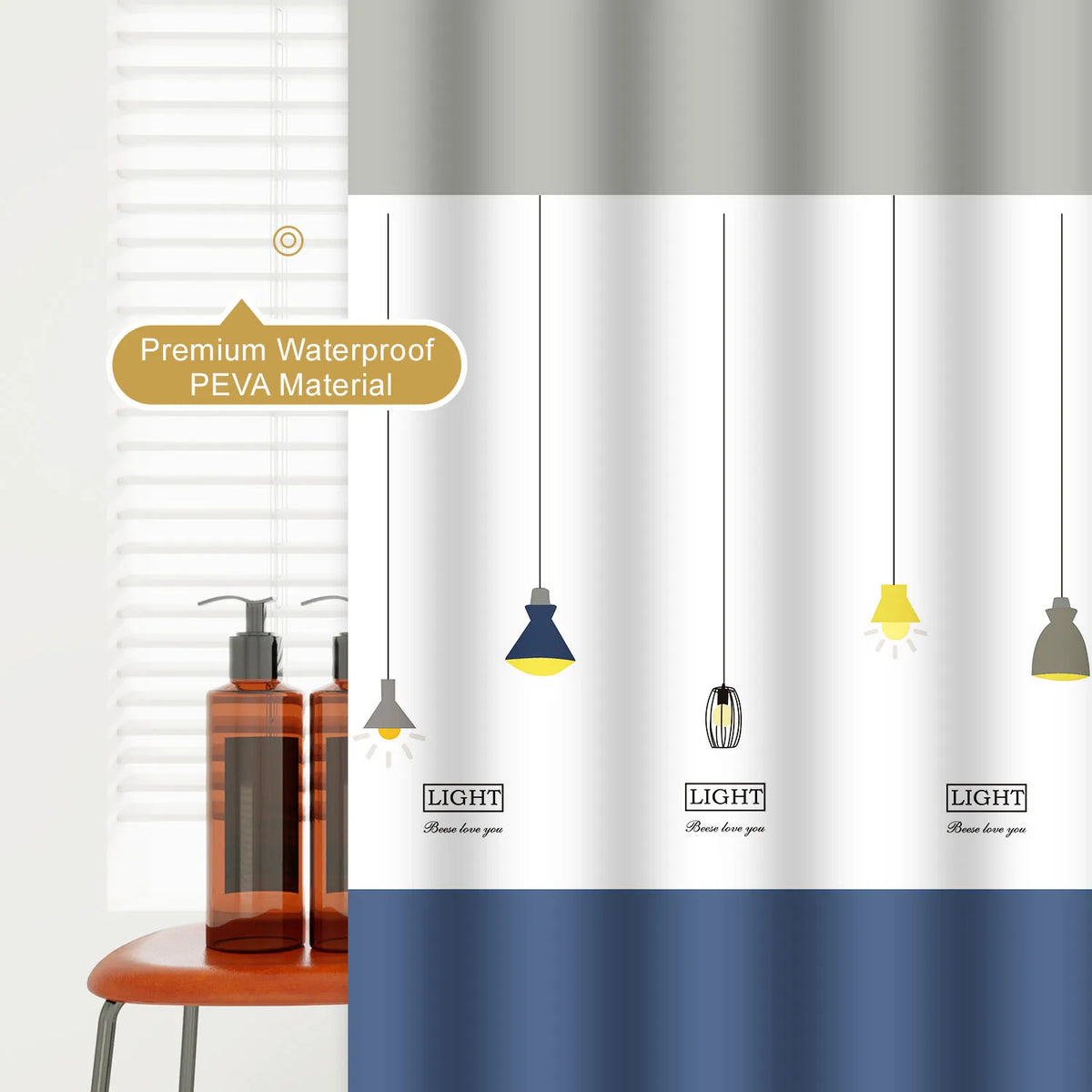 rideau douche enfant motif suspensions lumineuses gris clair blanc bleu moderne opacité respectueux environnement