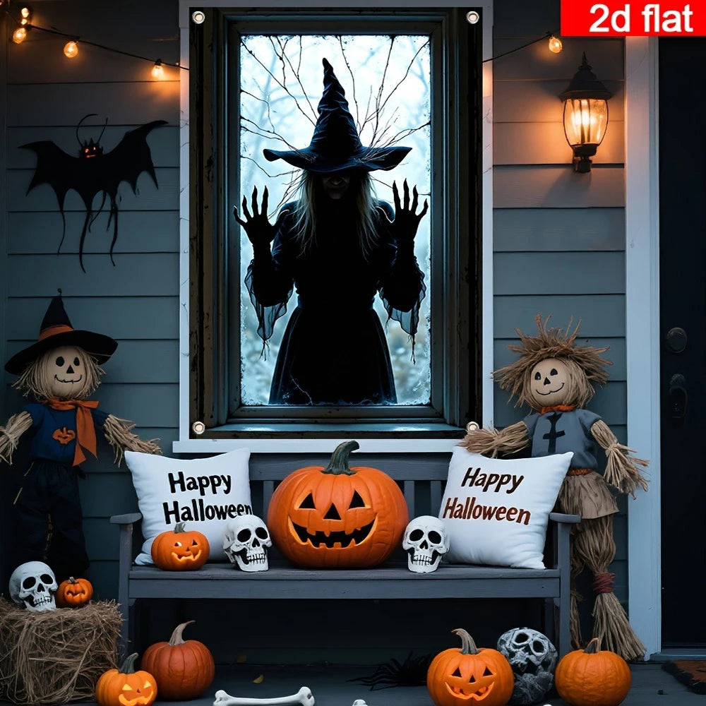 décoration halloween citrouille fantôme chauves souris oreilles sorcière noir blanc orange bleu polyester mur
