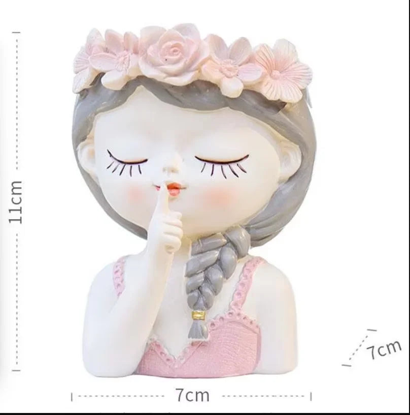 figurines décoratives cartoon fleurs reliefs cheveux stylisés plante succulente verte rose beige