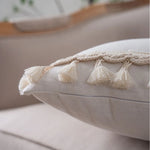 coussin carré bohème franges blanches beige décor maison tissu polyester simple 60x60cm