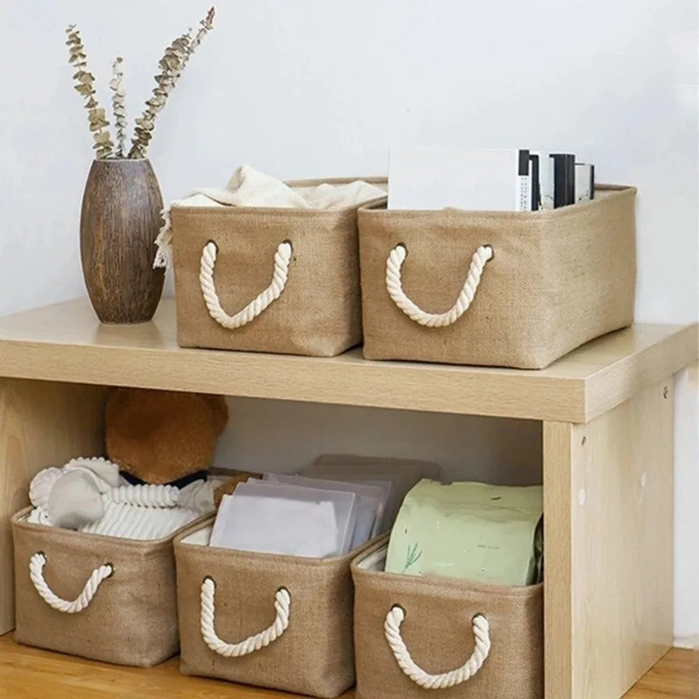 boîte rangement toile lin beige clair poignées corde réutilisable moderne respectueux environnement articles divers