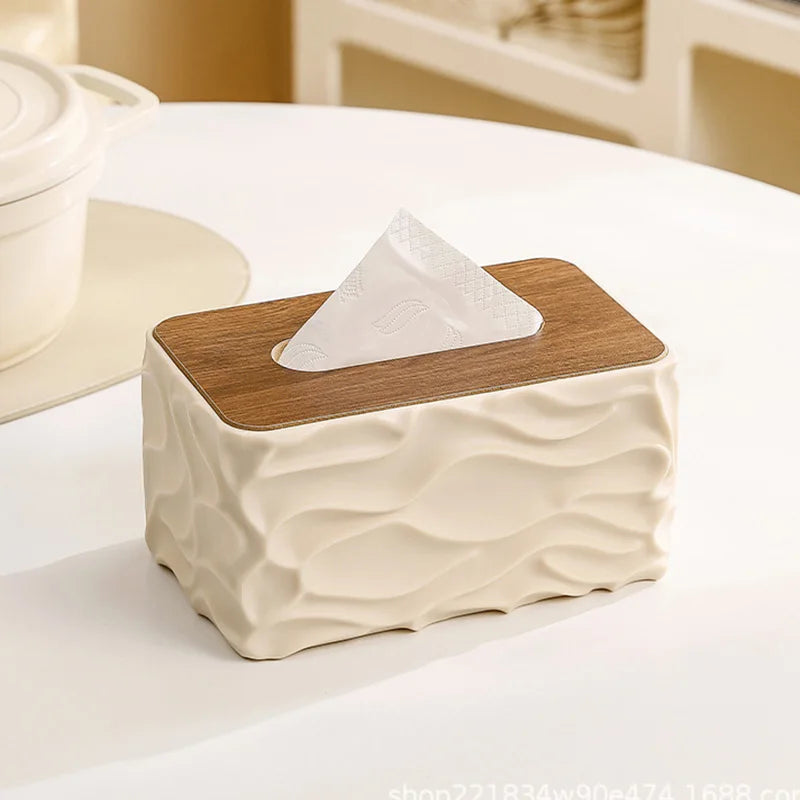 boîte mouchoirs moderne plastique blanc texture ondulée mouchoirs blancs bois foncé