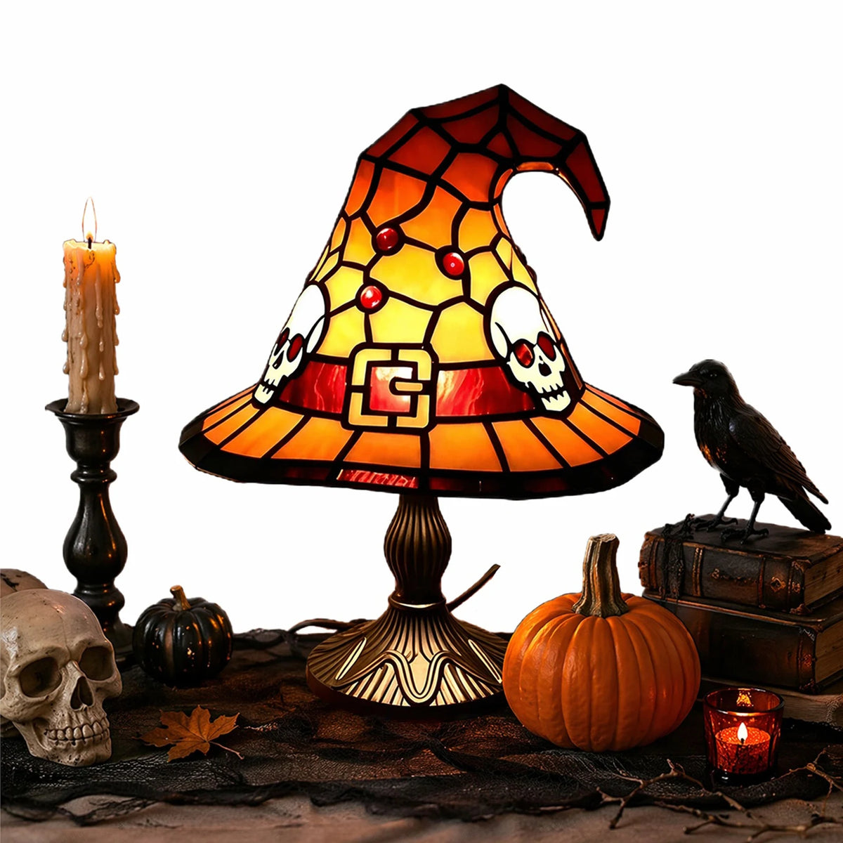 lampe table halloween chapeau sorcière motifs crânes géométriques art deco