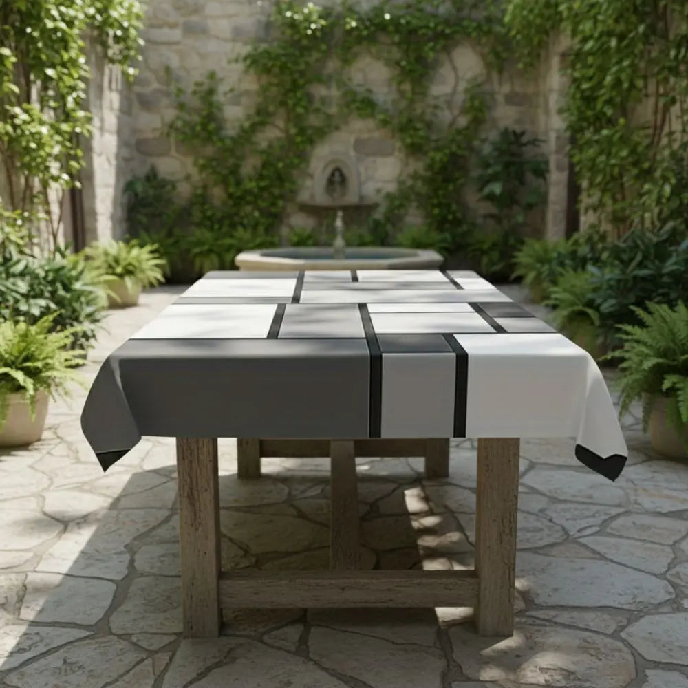 nappe géométrique blanche gris moderne imperméable lavable machine réutilisable assises couverts fruits maison