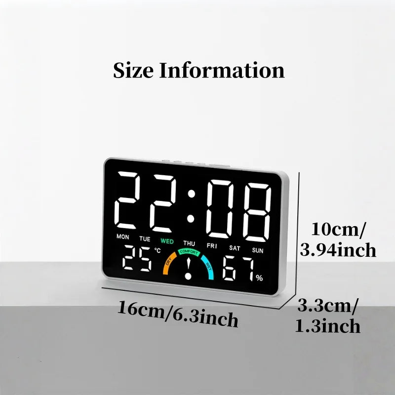 horloge numérique multifonction affiche heure température humidité jour date alarmes blanc noir vert moderne