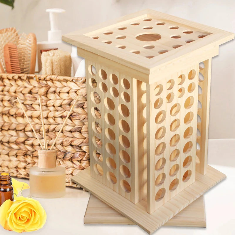 rangement tournant bouteilles huiles essentielles bois brut minimaliste 360 degrés 125 compartiments