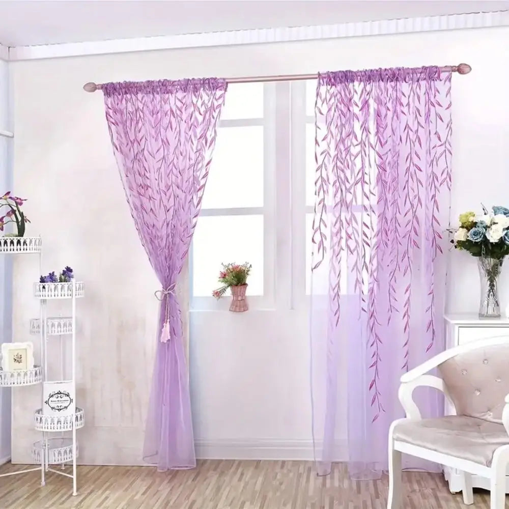 rideaux transparents pastoral feuilles tombantes vert clair violet decoration maison tringle rideaux liens décoratifs