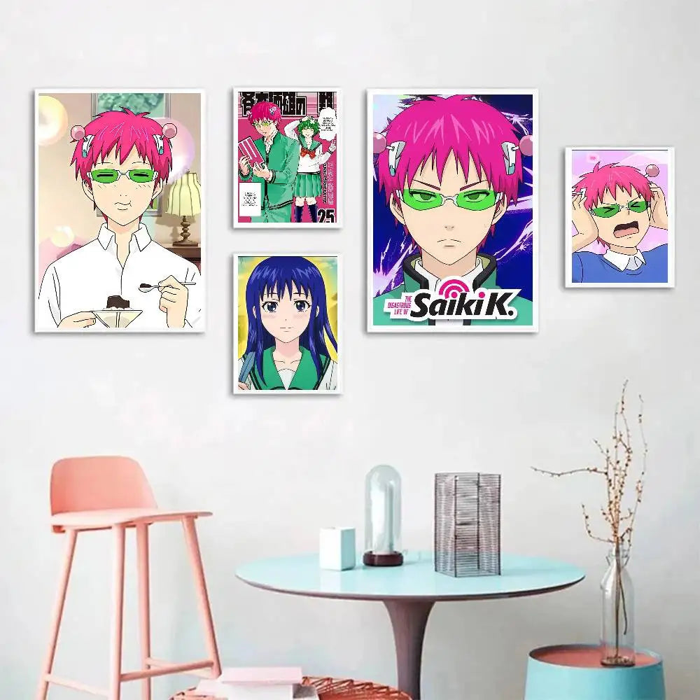 affiche anime moderne saiki rose vert bleu blanc noir illustration décoration mur salon chambre