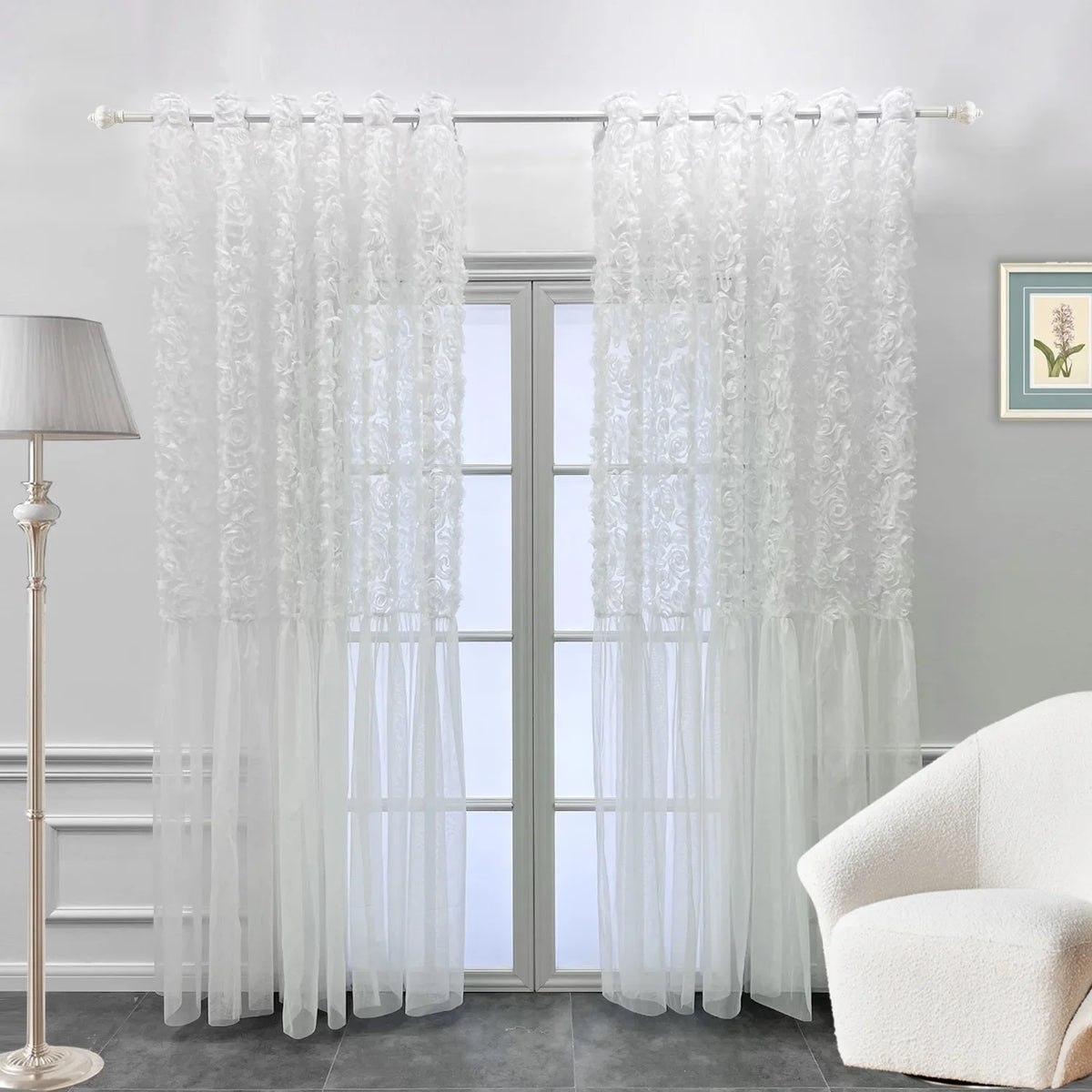 rideau fleur brodé transparent classique polyester blanc chambre mariage decoration