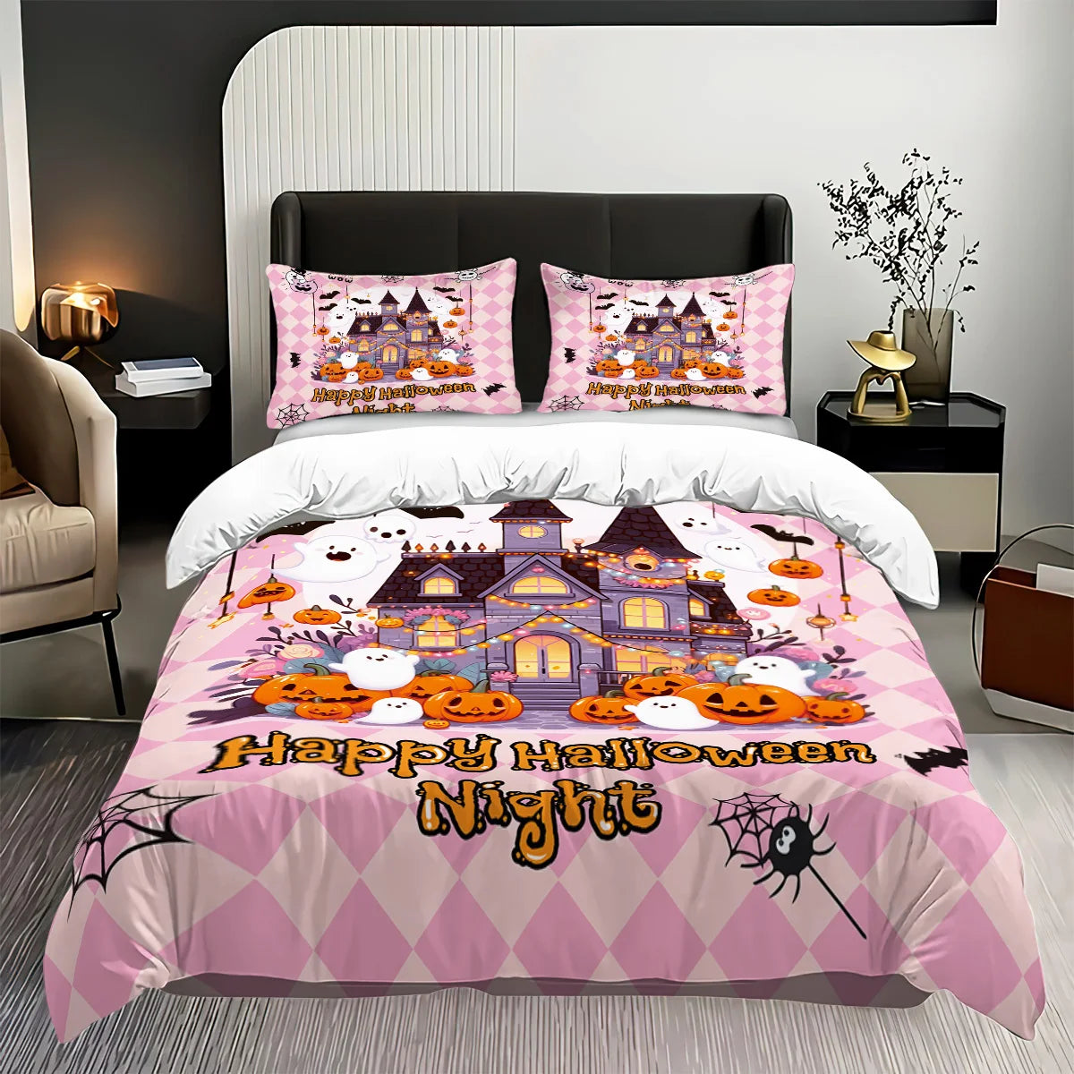 housse couette impression halloween oreillers taies d'oreiller citrouilles fantômes araignées drap lit rose noire
