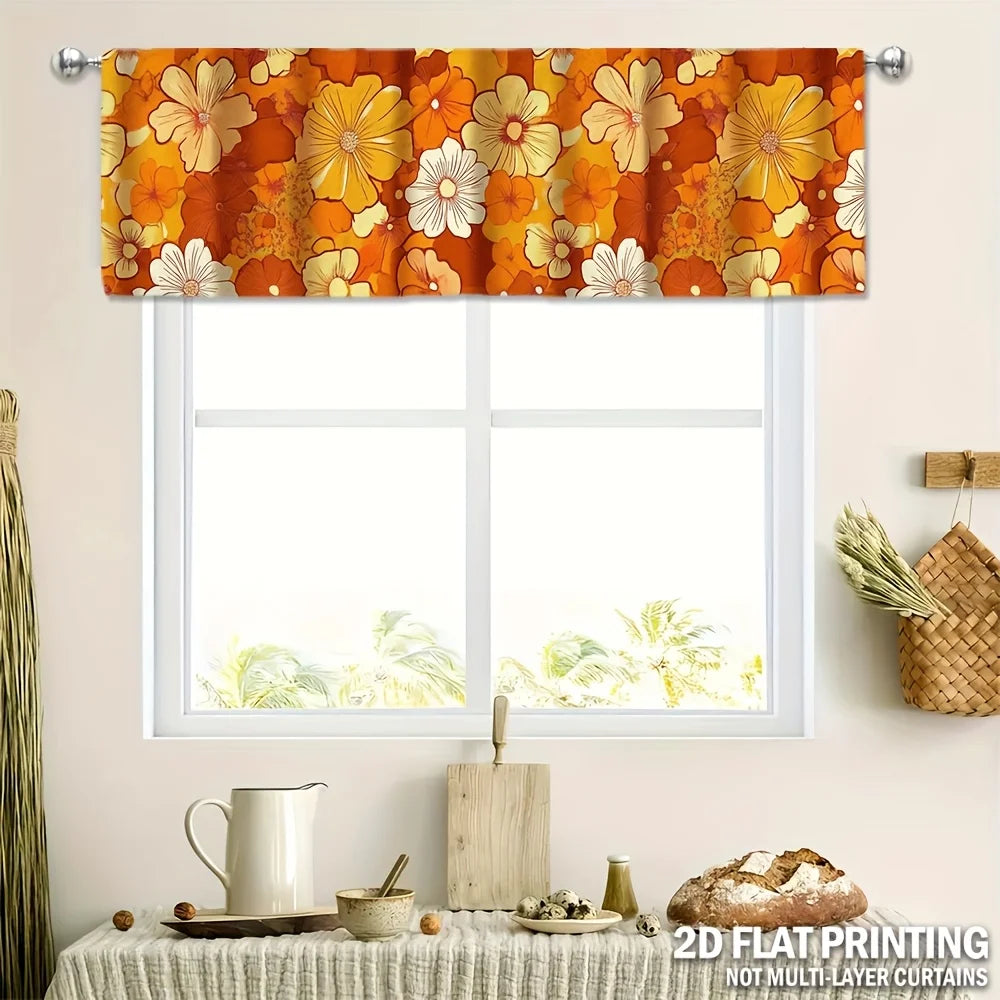 rideau fenêtre vintage motif floral orange blanc marron décoration rétro tringle murale machine lavable