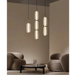 suspension lumineuse moderne minimaliste blanc doré rayures horizontales opacité câble noir chambre salonhôtel