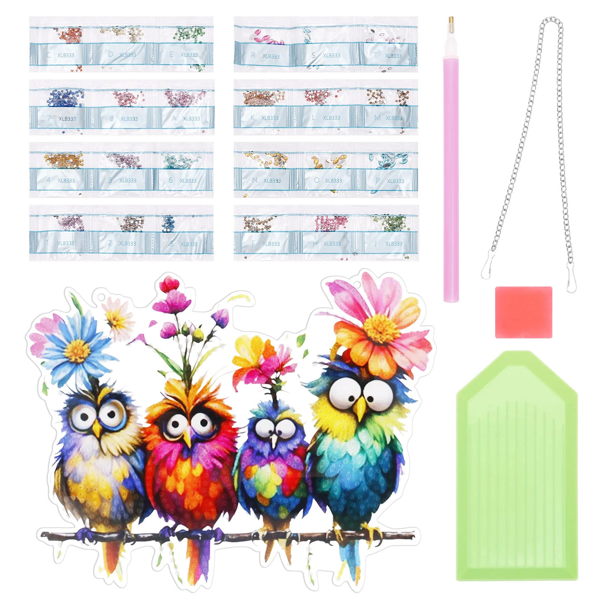 décoration suspendue hiboux fleurs acrylique pailletée couleurs joyeuses kit diamants
