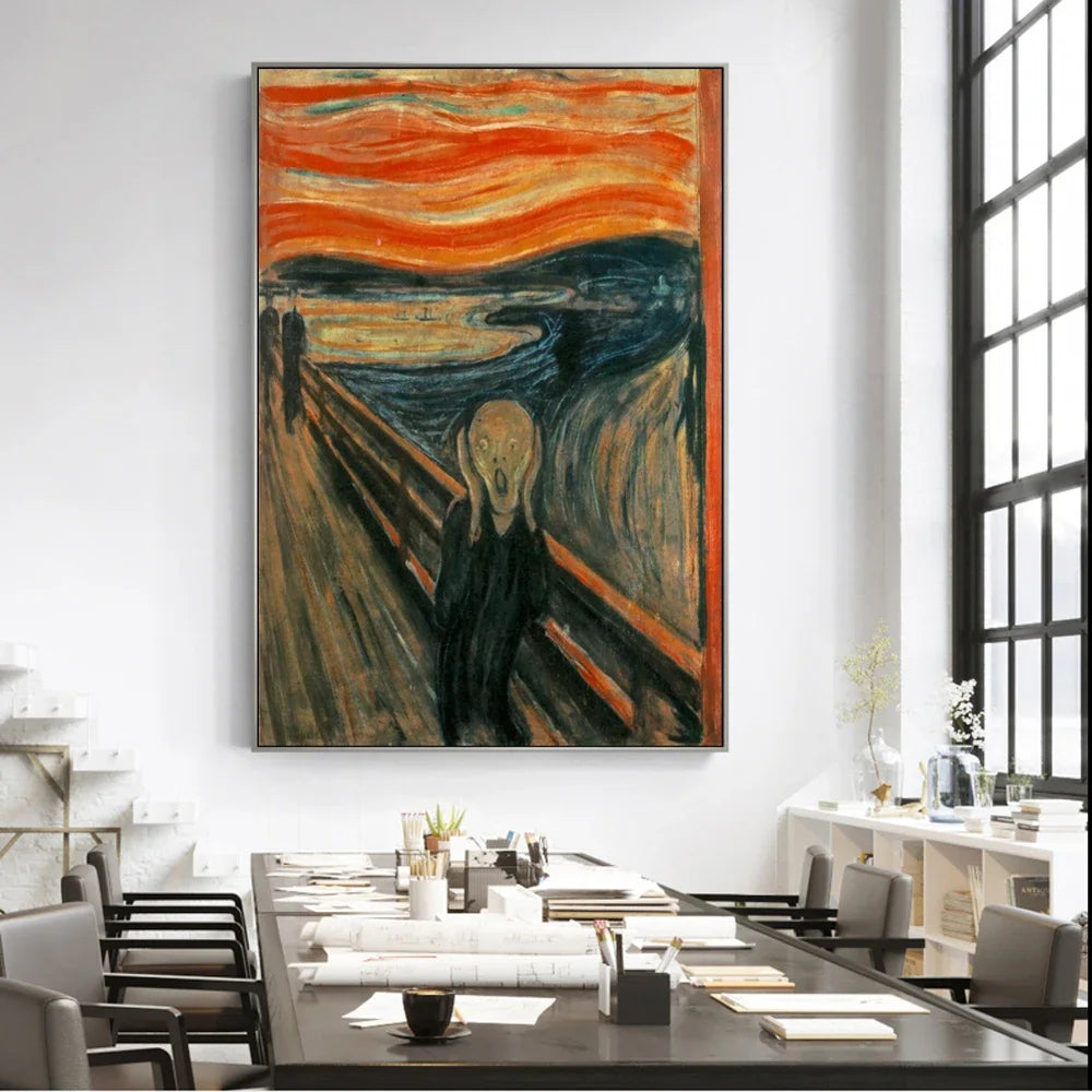 tableau abstrait the scream peinture huile lignes ondulées deco maison mur vertical orange noir