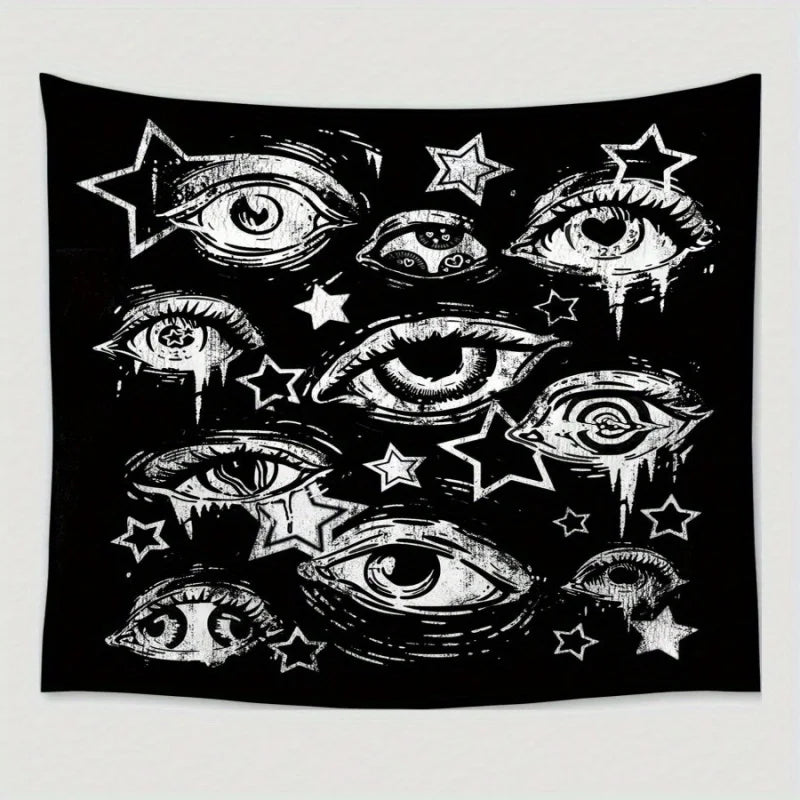 tapisserie étoiles yeux stylisés noir blanc contemporain grunge salon chambre décoration mur clips