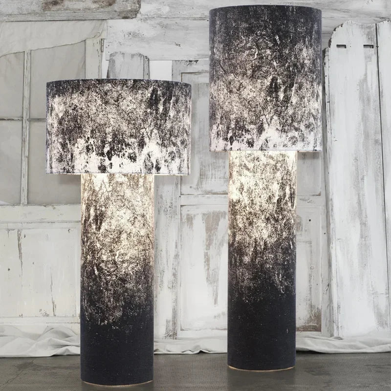 lampe sol moderne blanc abat jour texture grunge led minimaliste interrupteur bouton