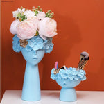 vase décoration buste féminin moderne fleurs artificielles couleurs variées blanc noir bleuclair crème grisfoncé