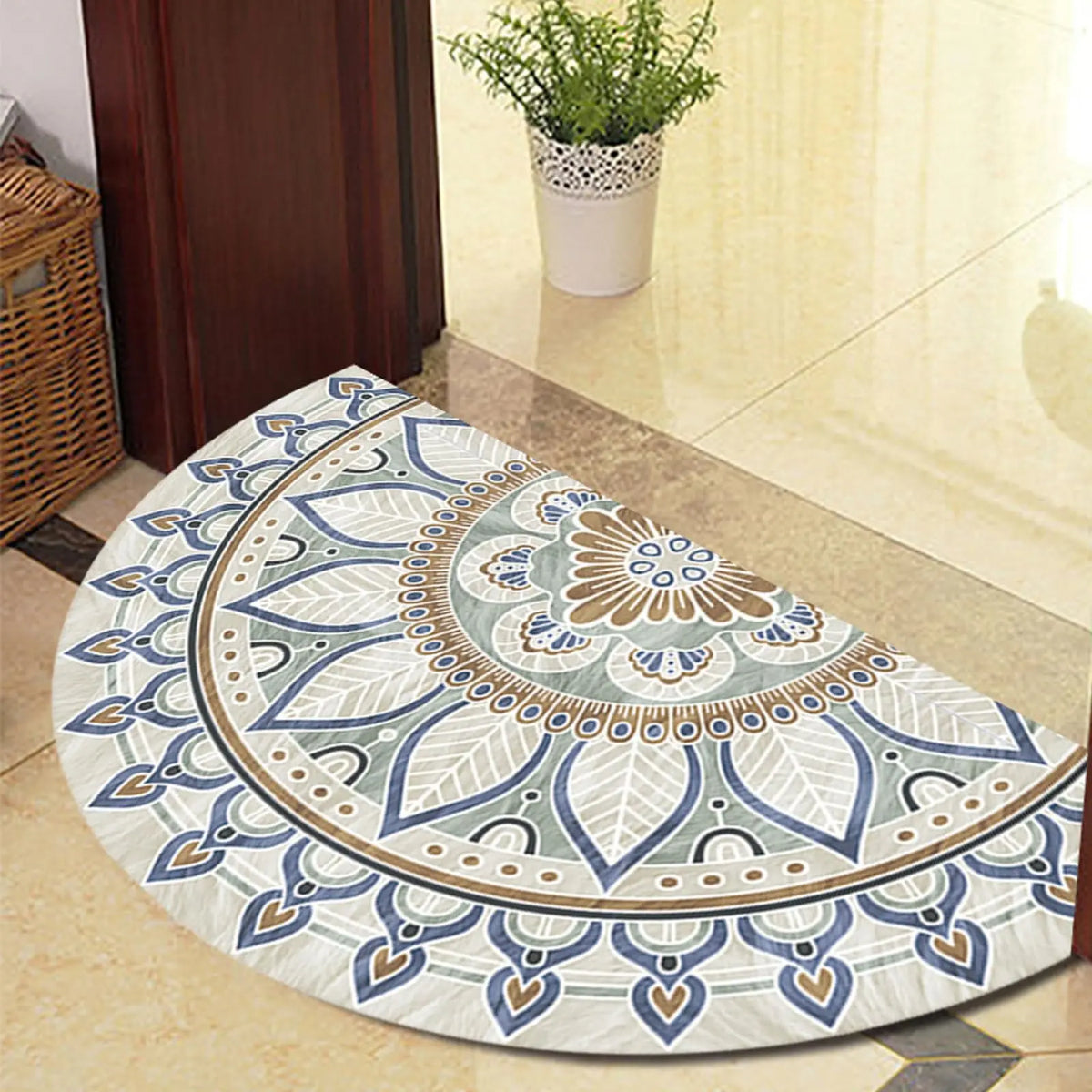 tapis demi cercle motif floral ethnique imperméable antidérapant polyester blanc bleu