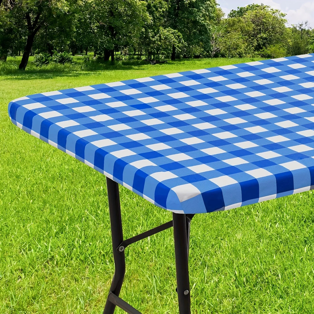 nappe table imperméable vert blanc carreaux moderne clips fixation camping usage extérieur