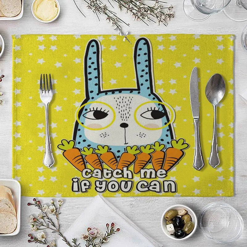 tapis table rectangulaire lin beige motif renard ours fleurs enfant cuisine