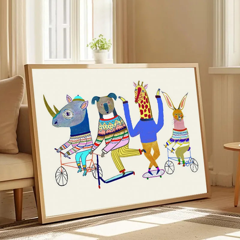 affiche animaux illustrés moderne chambre enfant multicolore verte jaune bleue orangée pop art sans