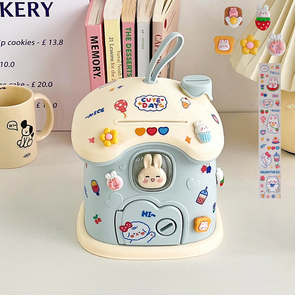 jouet maison banque rose bleu lapins ballons fruits cartoon enfant porte fenetre poignée cute