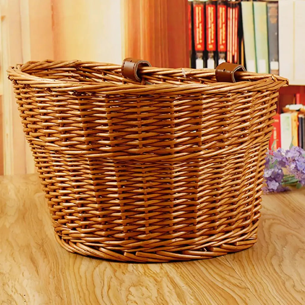 panier vélo osier tressé rustique vintage sangles cuir boucles métalliques grandes dimensions capacité fleurs