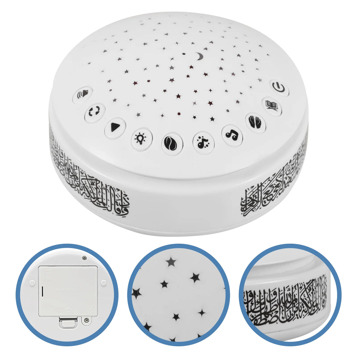 projecteur lumineux étoiles lune sons apaisants blanc haut parleur motifs arabes chambre enfant moderne
