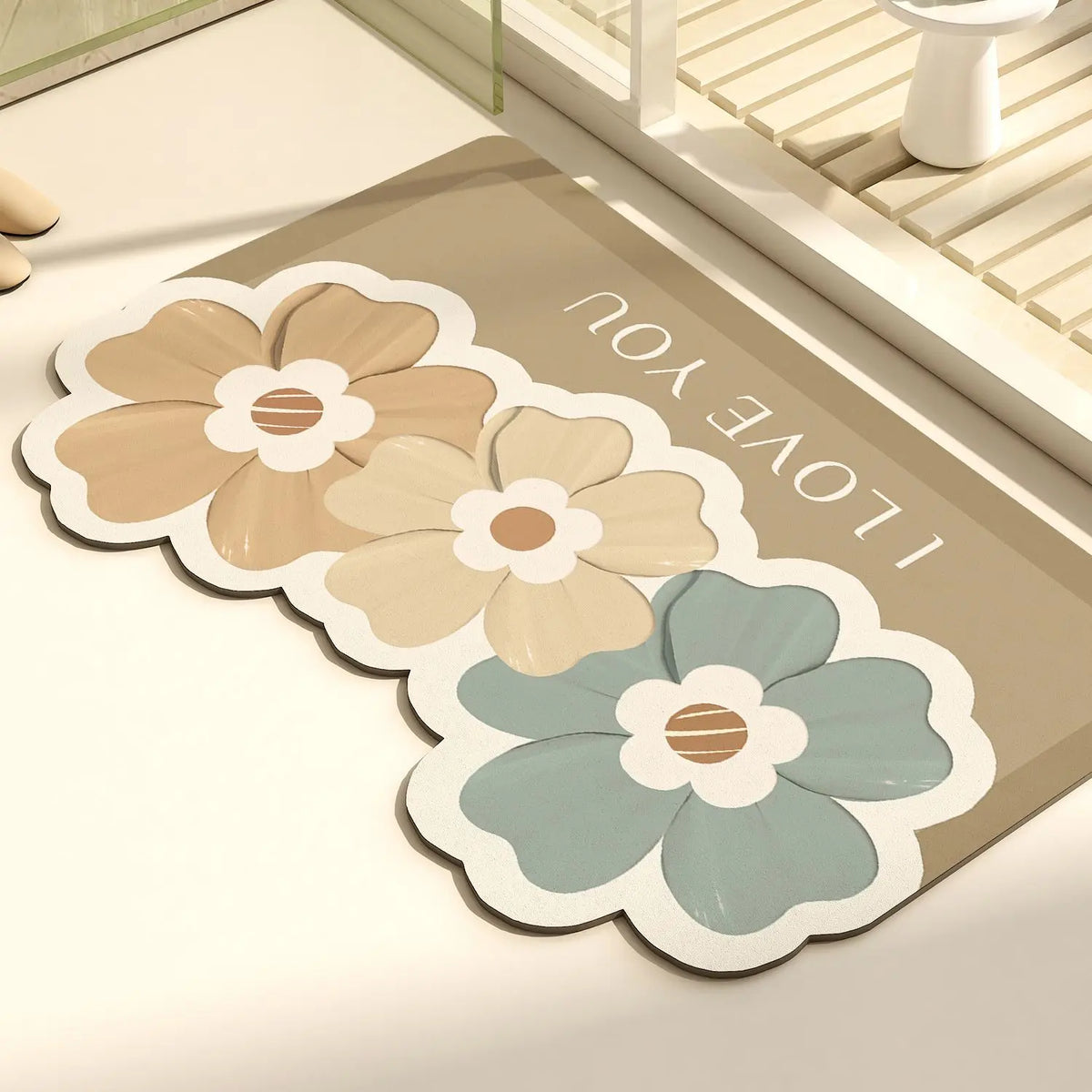 tapis sol marron vert fleurs stylisées moderne antidérapant résistant décoloration