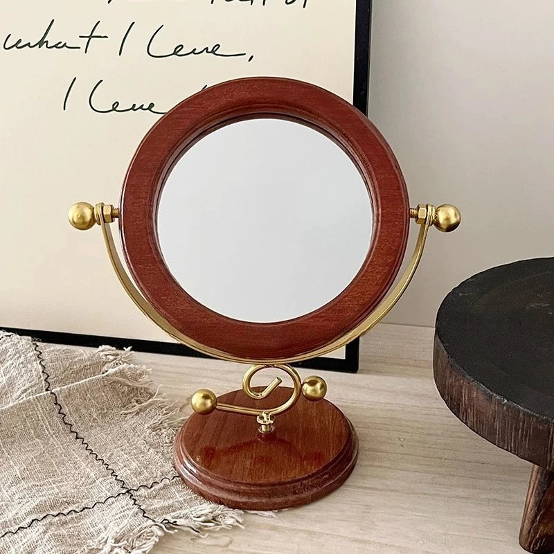 miroir table rotatif vintage rétro marron doré élément métallique bois base