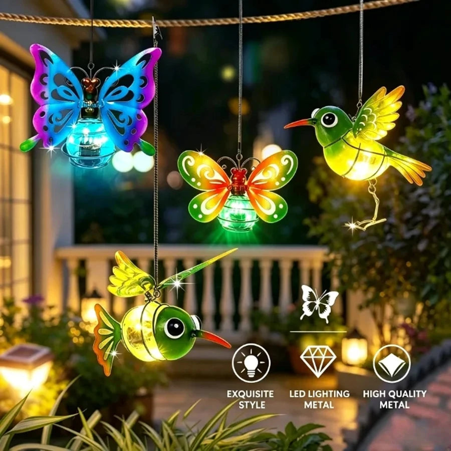 lampe solaire décorative papillon transparent moderne bleu violet vert métal bouton allumage