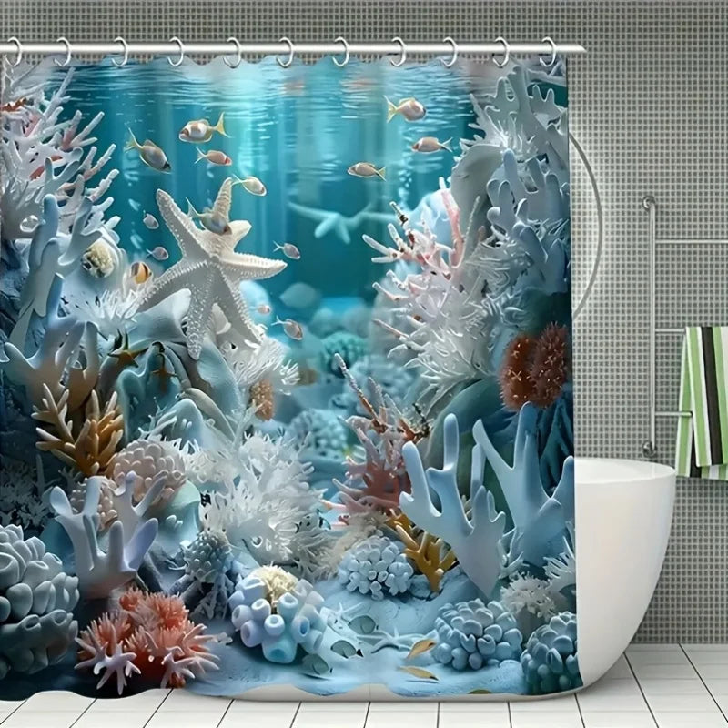 rideau douche sous marin coraux étoiles mer poissons bleu blanc opacité 12 crochets thème