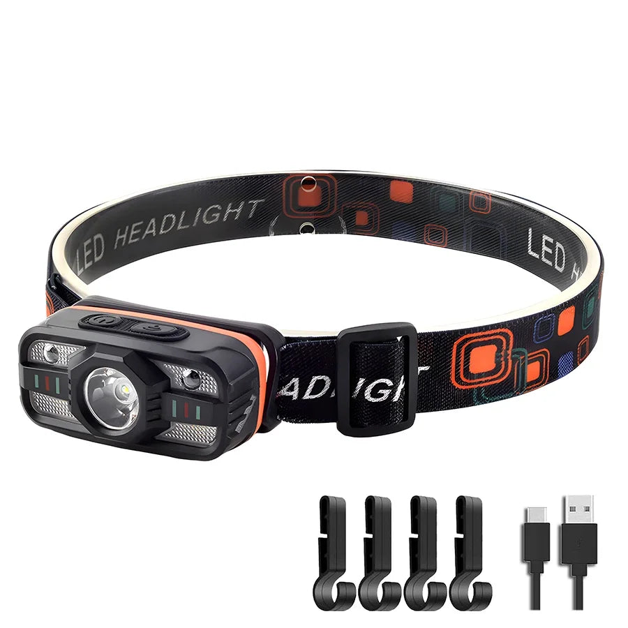 lampe frontale rechargeable led noir orange six modes clip moderne pratique camping pêcheextérieurusbcharger