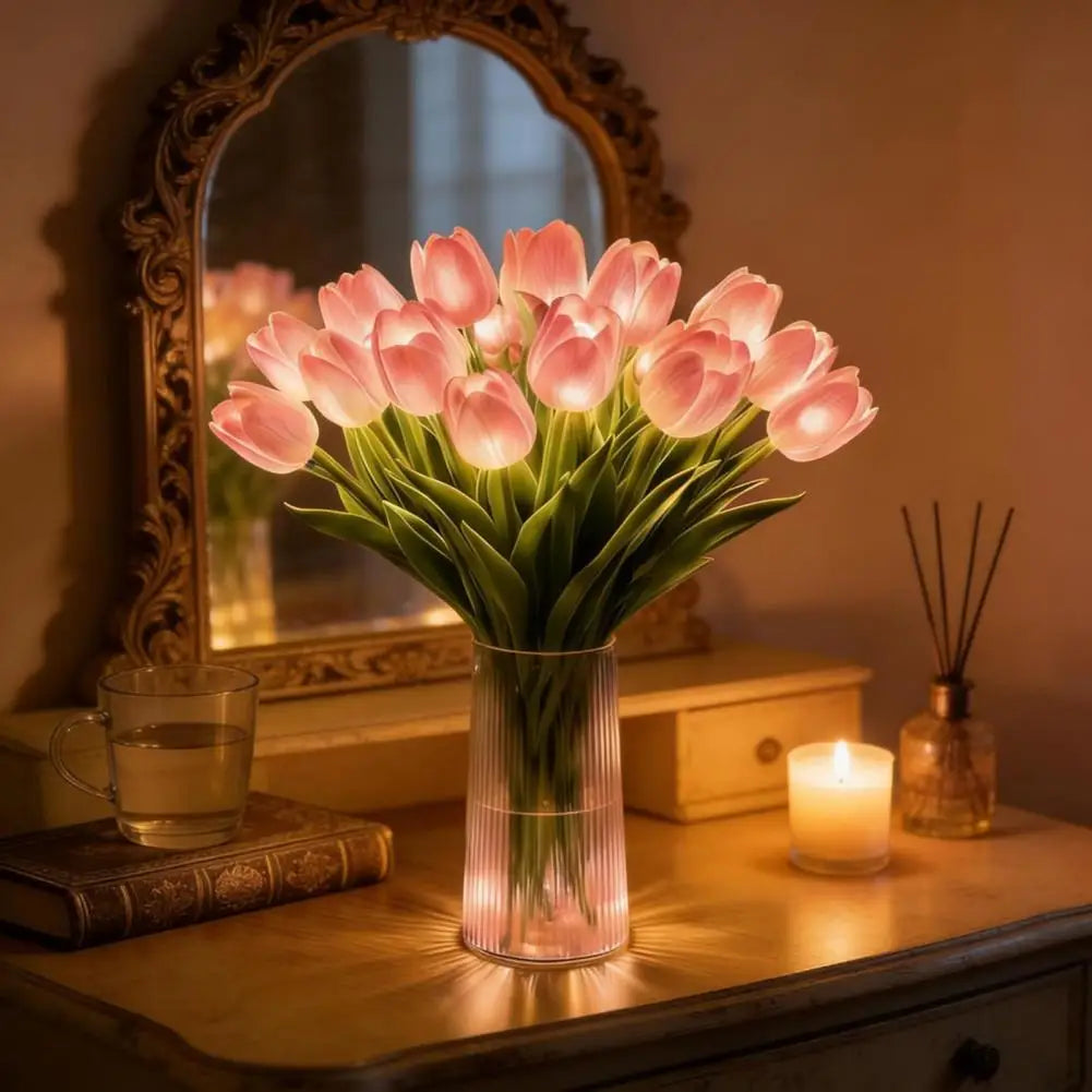 bouquet fleurs tulipes artificielles lumineuses led vase décoration chambre cadeau saint valentin rose jaune