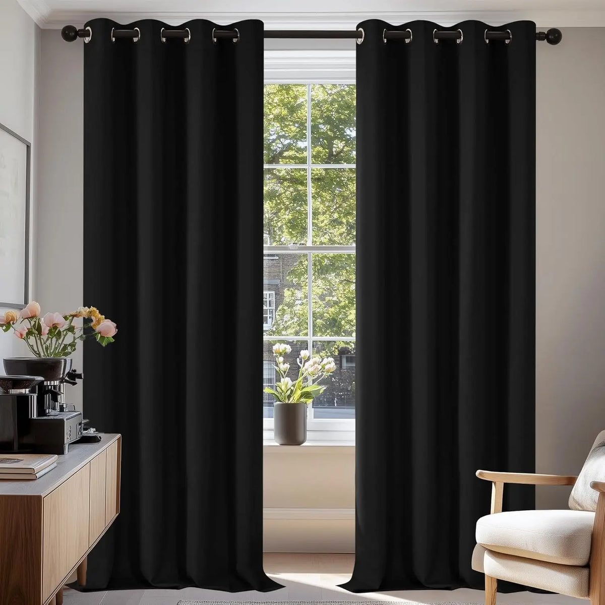 rideaux noir opaques modernes tissu plissé métalliques tringle salon chambre coucher