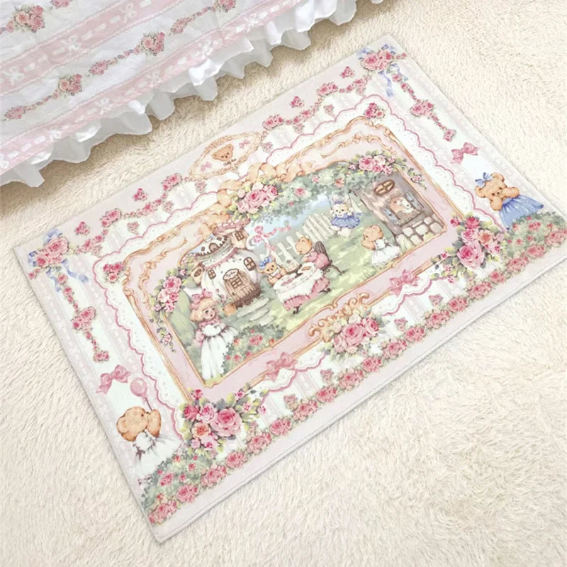tapis vintage rose personnages animaux paysage champêtre fleurs intérieur extérieur