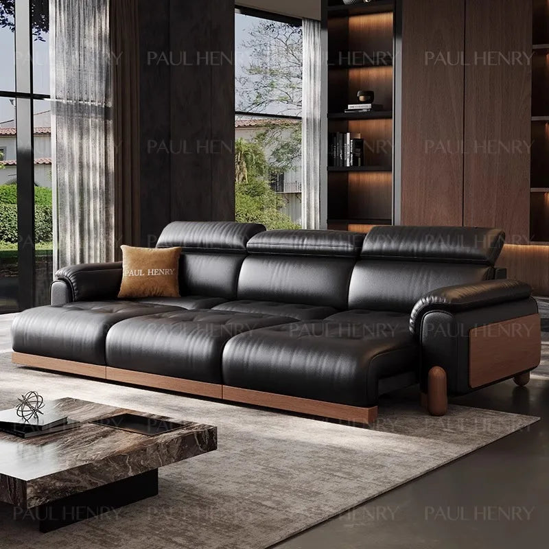 canapé d'angle moderne simili cuir noir confortable coussin marron salon adulte