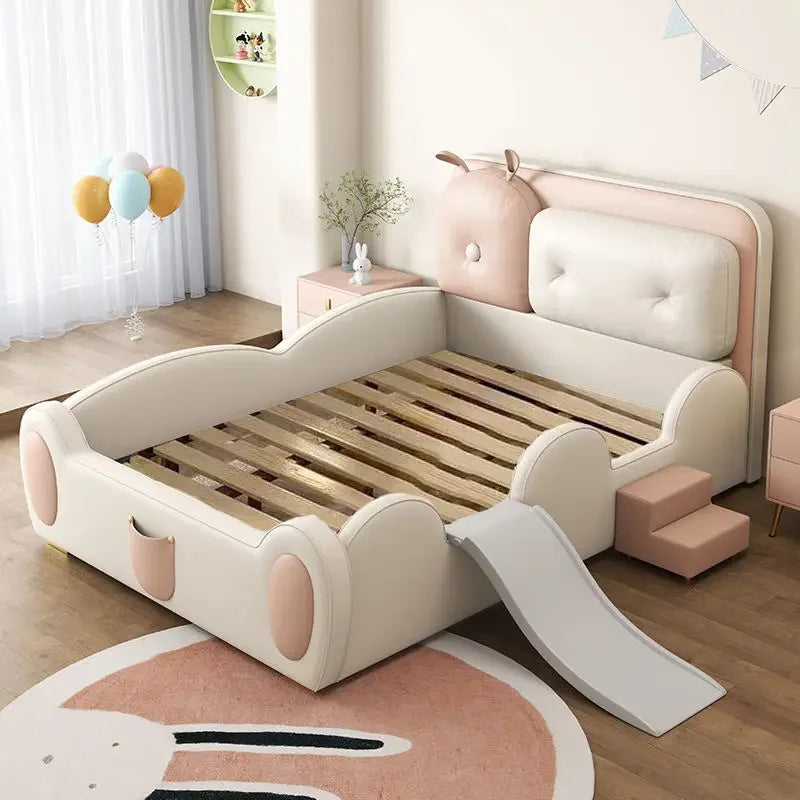 lit enfant toboggan simili cuir beige rose doux moderne tapis rond coussins