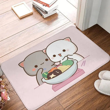 tapis sol moderne motif chat mignon mangeant nouilles rose gris blanc intérieur extérieur