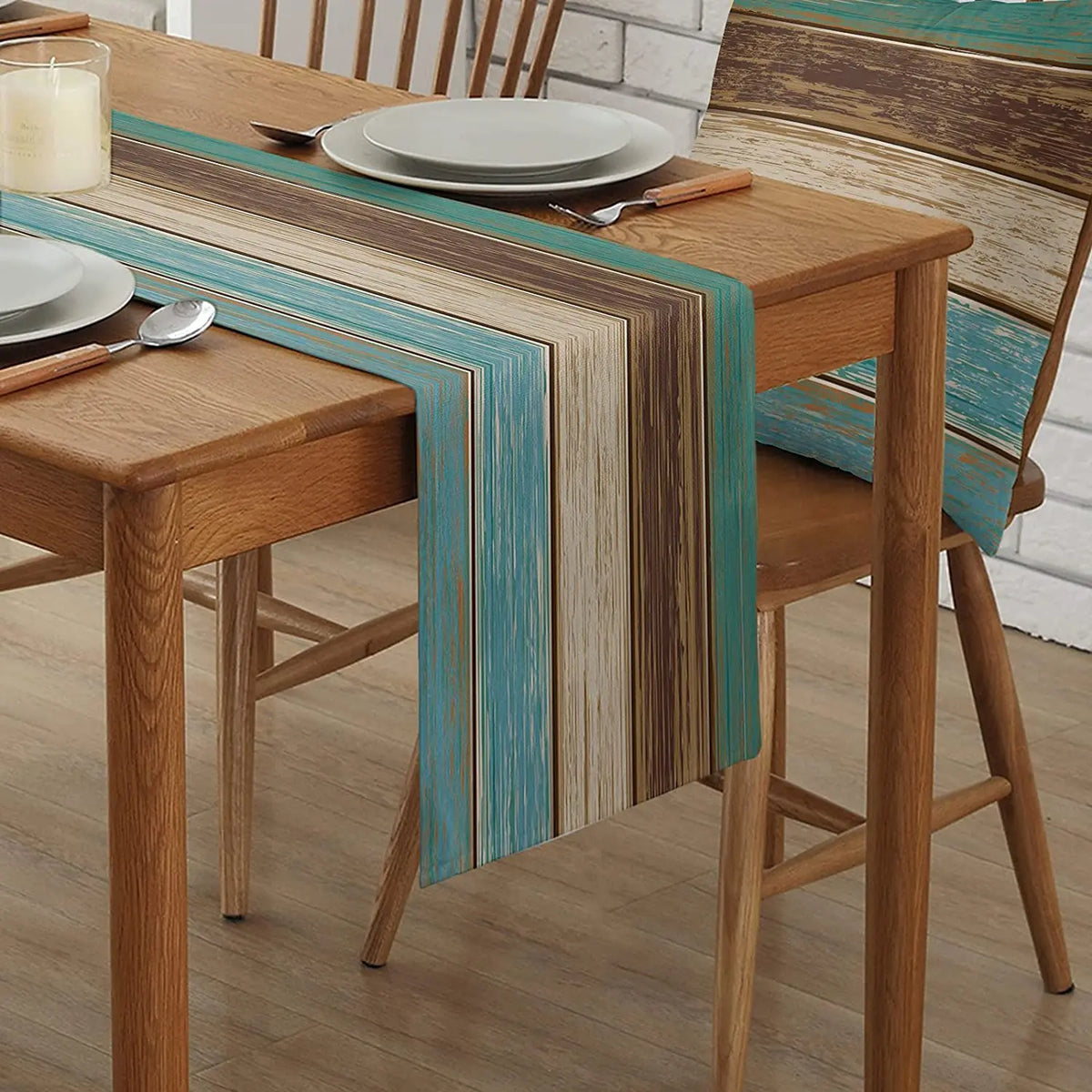 chemin table moderne rayures horizontales bleu beige marron décor cuisine maison textile polyester