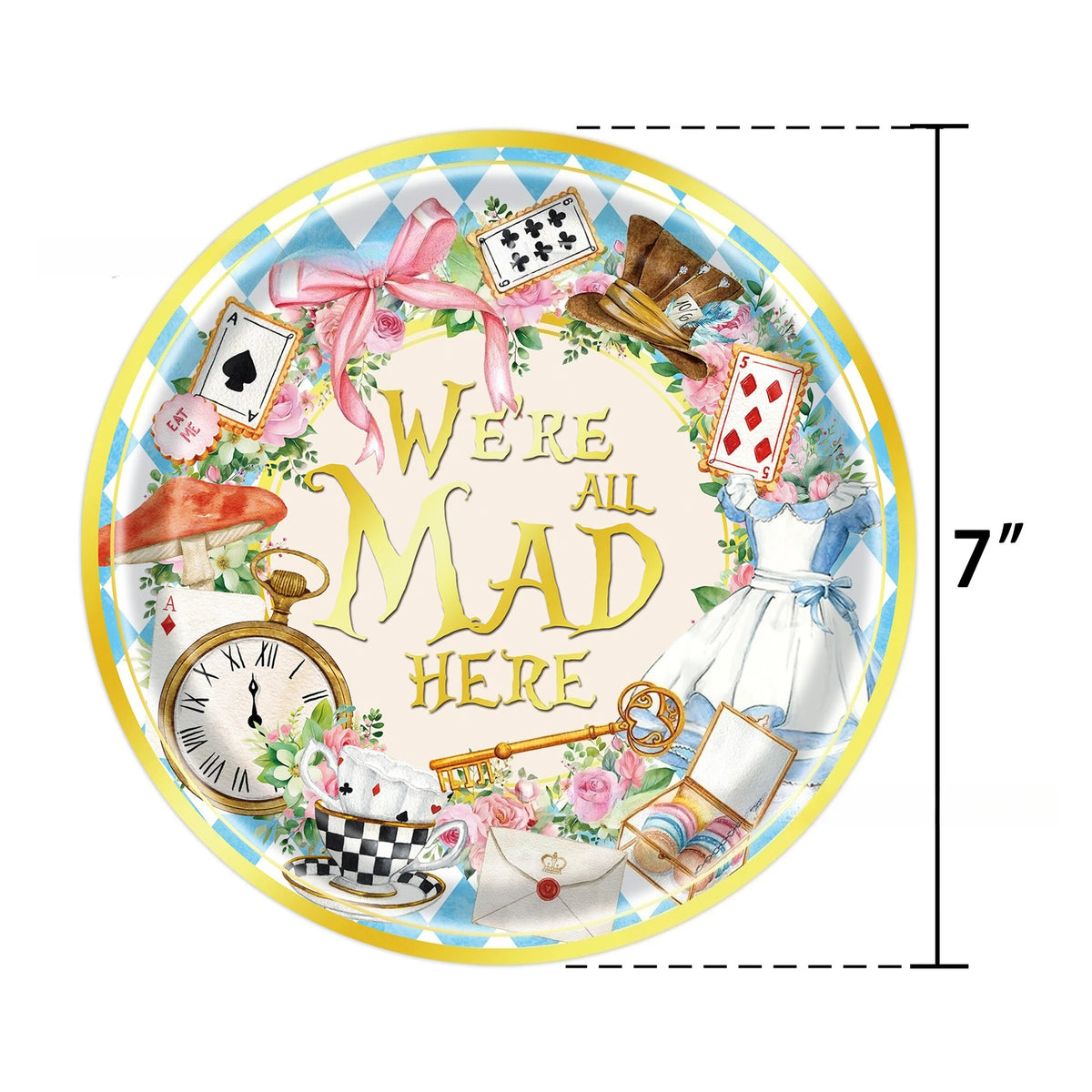 assiettes gobelets serviettes nappe alice thème merveilles cartes fleurs horloge chapeau