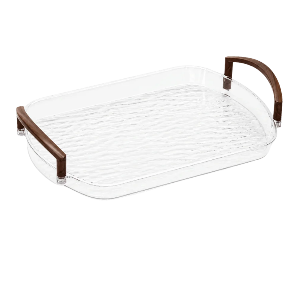 plateau rectangulaire moderne élégant poignées métalliques transparent doré texture marbrée bijoux parfums tasses