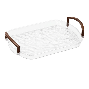 plateau rectangulaire moderne élégant poignées métalliques transparent doré texture marbrée bijoux parfums tasses