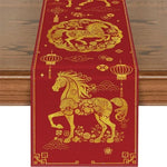 table cuisine rouge dorée motif chinois chevaux fleurs nouvelle année festive