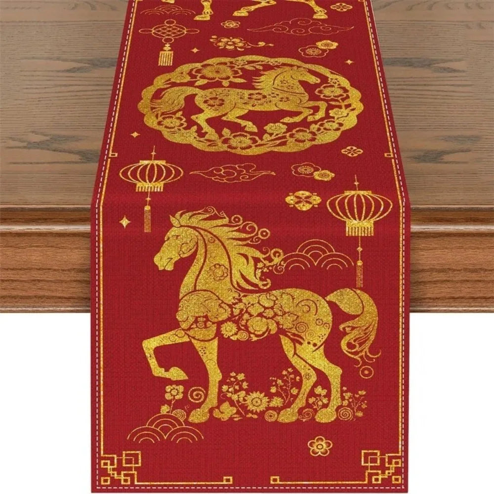 table cuisine rouge dorée motif chinois chevaux fleurs nouvelle année festive